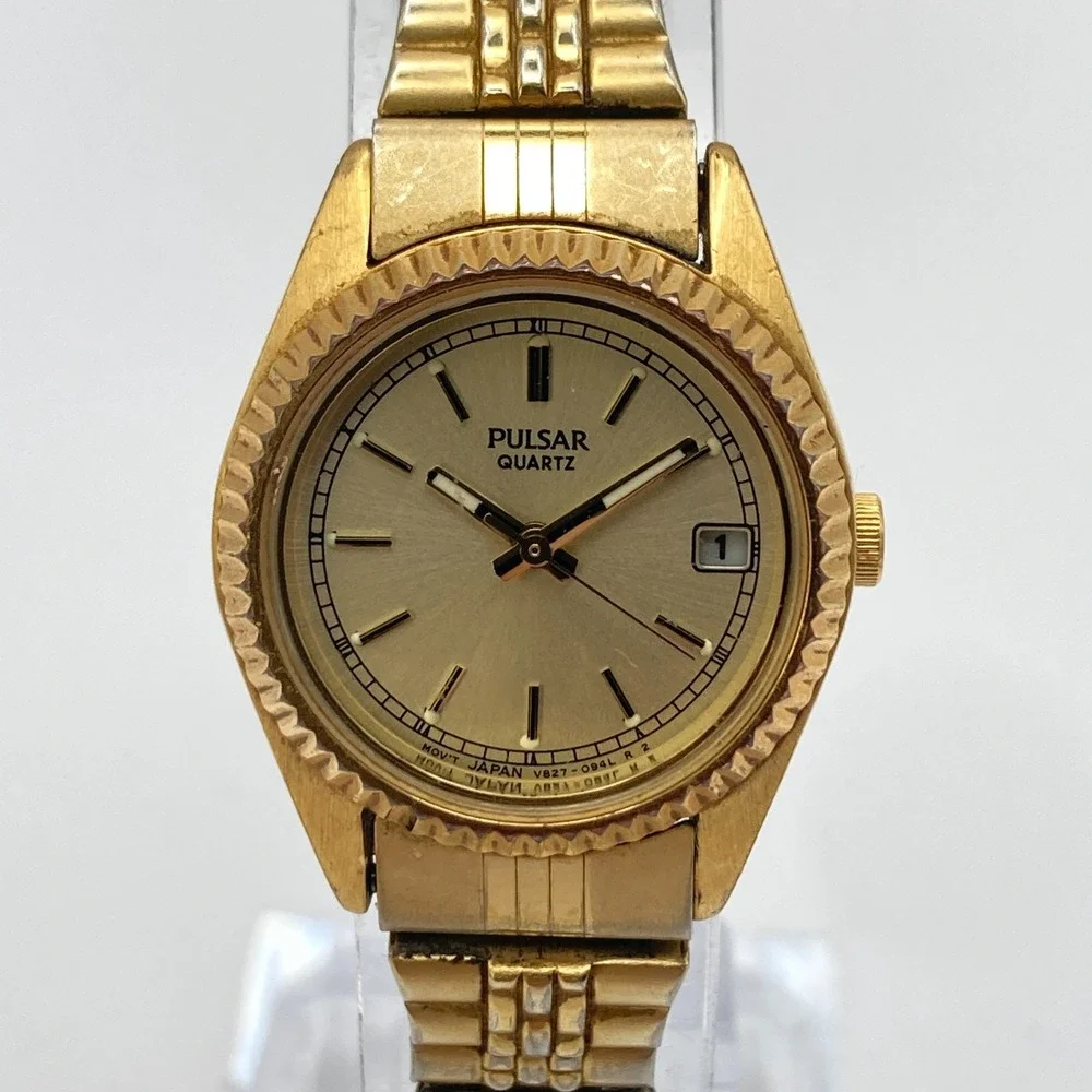 Vtg Pulsar Women's Watch 24mm Gold Tone Date V827-0440 Stretch New Battery SMALL